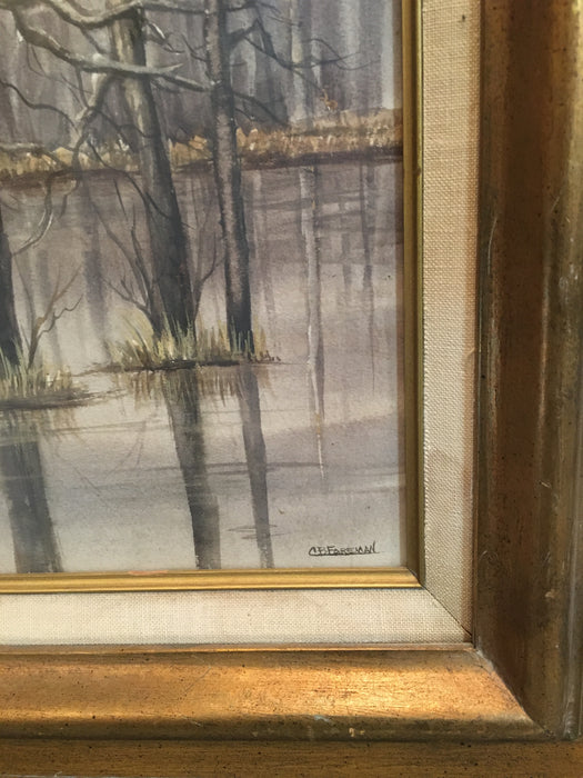 OIL PAINTING OF SCENE OF DUCKS FLYING OVER SWAMP BY FOREMAN