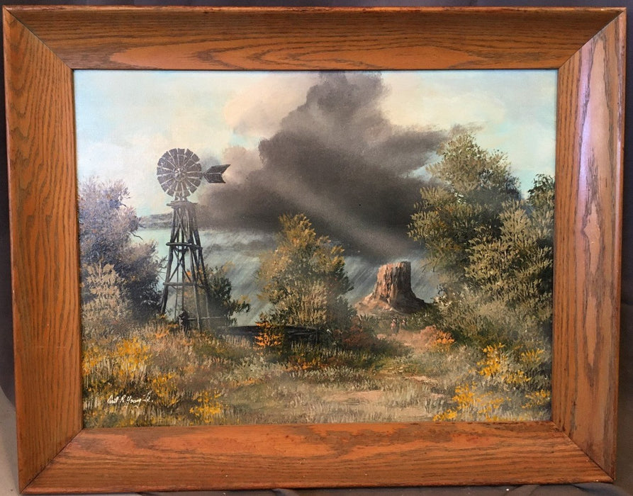 LANDSCAPE OIL PAINTING OF WESTERN WINDMILL BY CECIL R YOUNG JR.