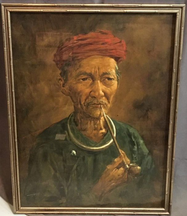 OIL PAINTING OF AN ASIAN MAN WITH OPIUM PIPE