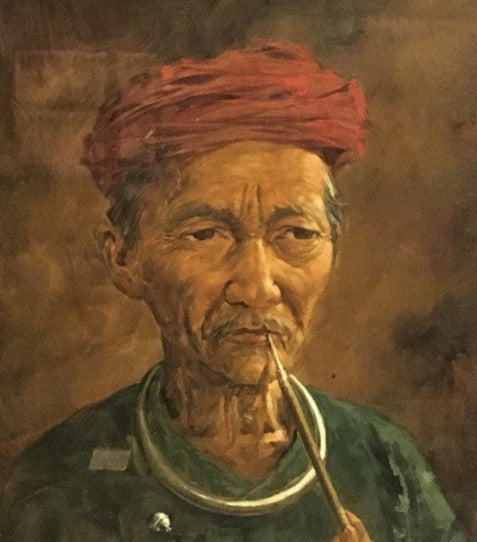 OIL PAINTING OF AN ASIAN MAN WITH OPIUM PIPE