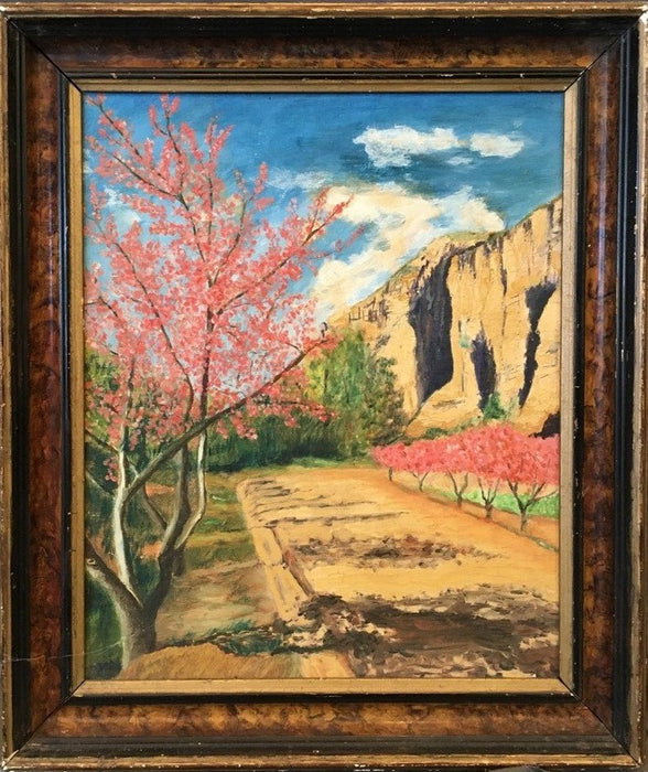 OIL ON BOARD LANDSCAPE WITH PINK LEAVE TREES ALONG A CLIFF