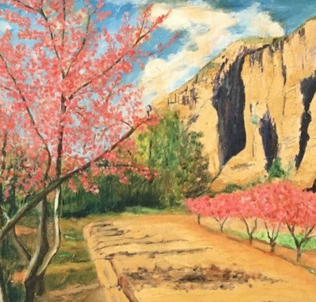 OIL ON BOARD LANDSCAPE WITH PINK LEAVE TREES ALONG A CLIFF