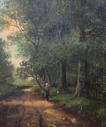 OIL PAINTING ON BOARD OF LADY ON A TRAIL IN A DEEP FOREST AS FOUND