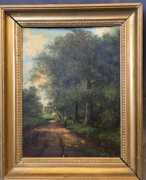 OIL PAINTING ON BOARD OF LADY ON A TRAIL IN A DEEP FOREST AS FOUND