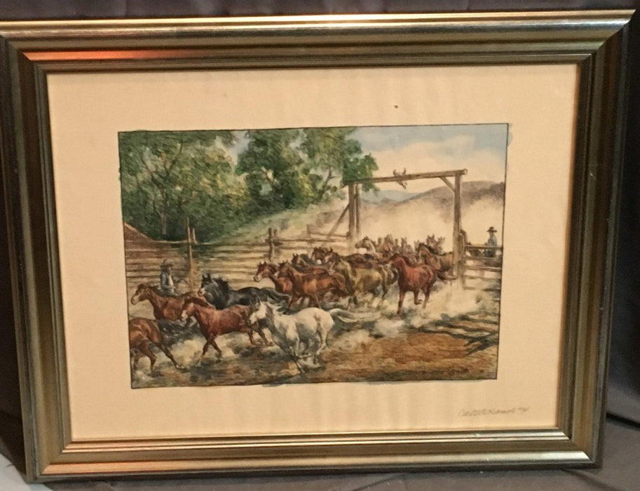 WESTERN WATERCOLOR LANDSCAPE WITH WILD HORSES-CATTLE RANCH #4