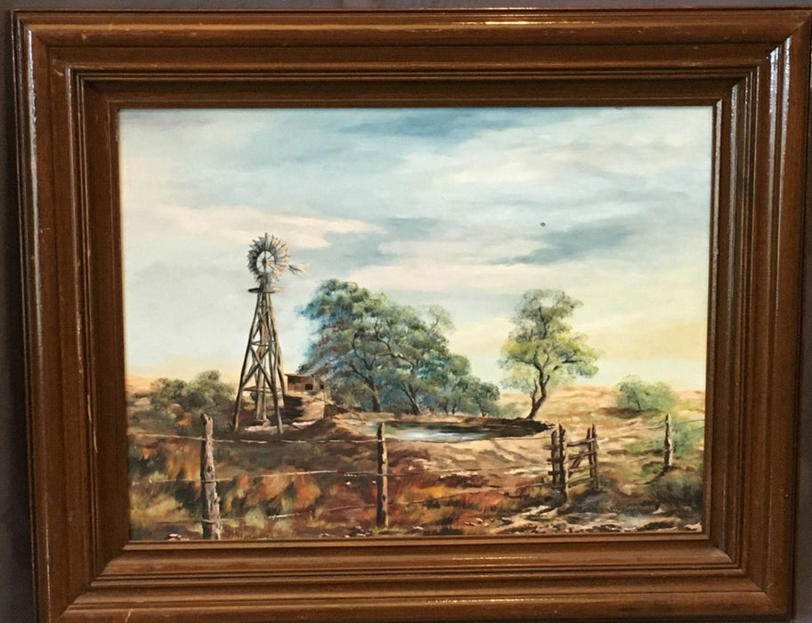LANDSCAPE PAINTING OF A WINDMILL BY A WATERING HOLE BY LEO KISER