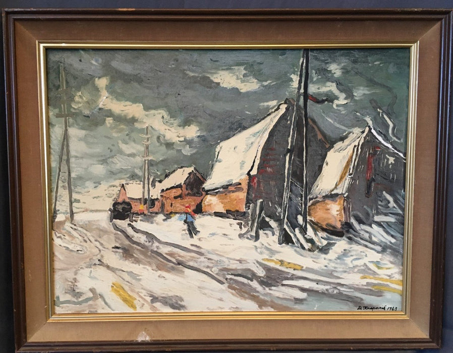 IMPRESSIONIST OIL PAINTING OF SNOW COVERED BUILDINGS AND DARK SKY