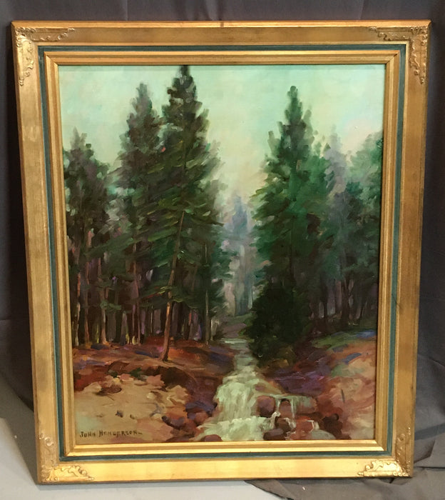 OIL PAINTING ON CANVAS  OF TALL PINES WITH RIVER SCENE
