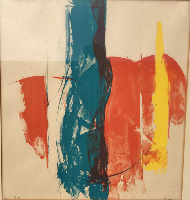 'CERES' FRAMED RED, YELLOW, AND BLUE MODERN PRINT BY CLEVE GRAY