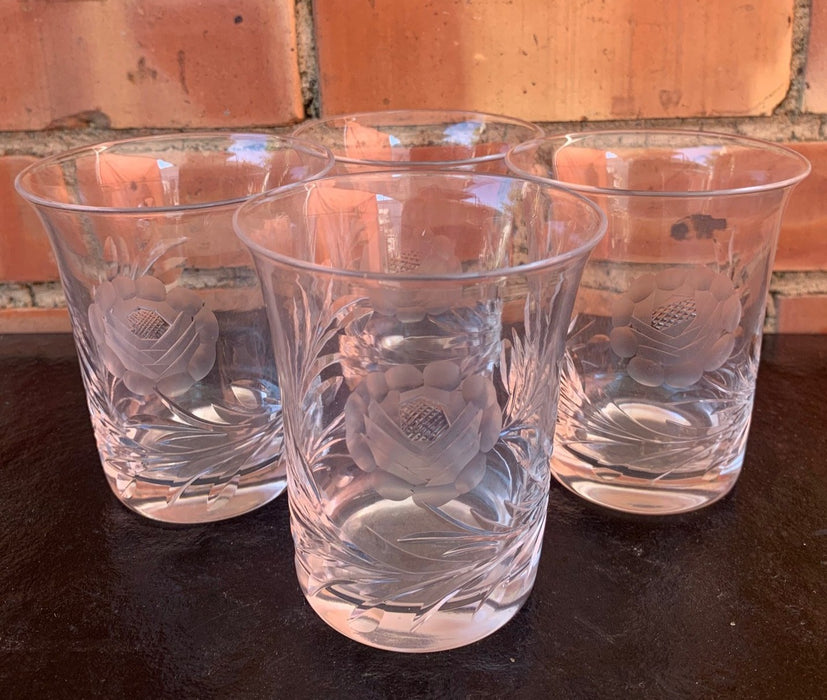 SET OF 4 FLORAL CUT CRYSTAL WATER GLASSES