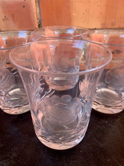 SET OF 4 FLORAL CUT CRYSTAL WATER GLASSES