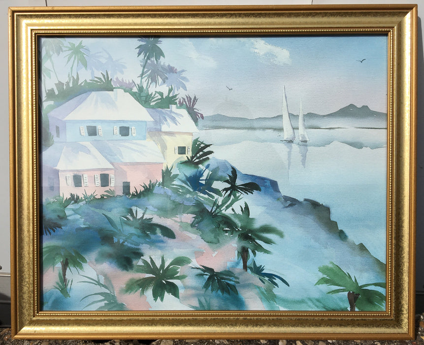 MULTICOLOR LAKE HOUSE PASTEL WATERCOLOR PAINTING