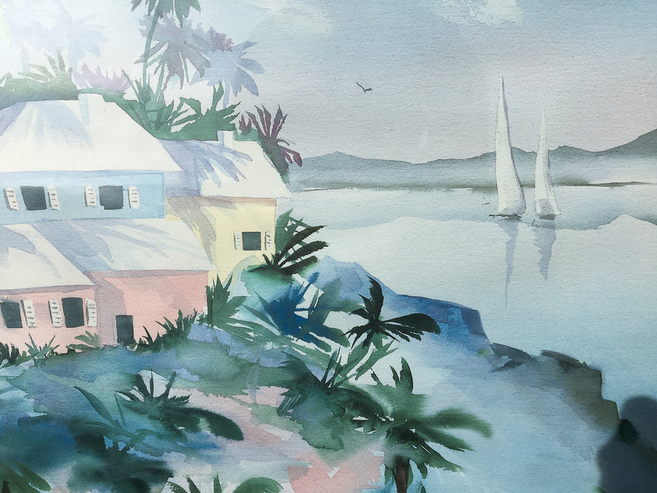 MULTICOLOR LAKE HOUSE PASTEL WATERCOLOR PAINTING
