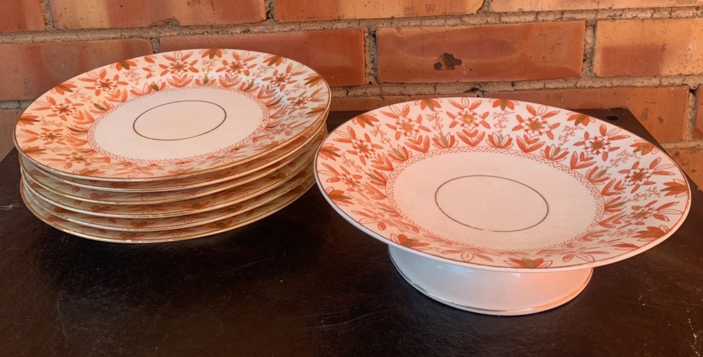 EARLY ORANGE FLORAL SET OF COMPOTE AND 6 PLATES - AS IS