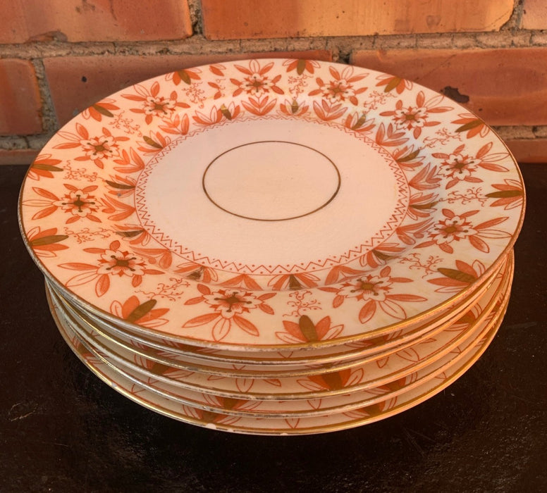 EARLY ORANGE FLORAL SET OF COMPOTE AND 6 PLATES - AS IS