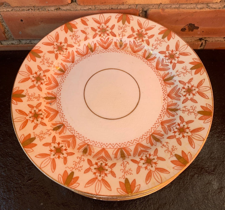 EARLY ORANGE FLORAL SET OF COMPOTE AND 6 PLATES - AS IS