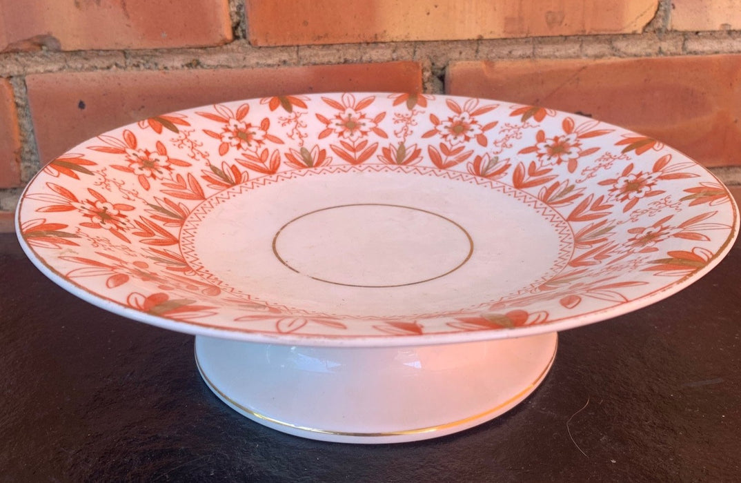 EARLY ORANGE FLORAL SET OF COMPOTE AND 6 PLATES - AS IS