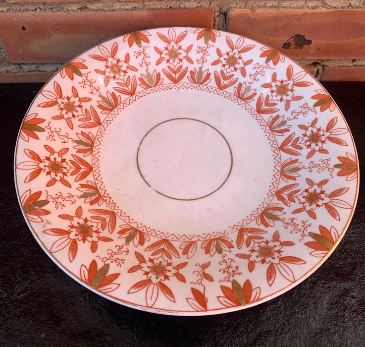 EARLY ORANGE FLORAL SET OF COMPOTE AND 6 PLATES - AS IS