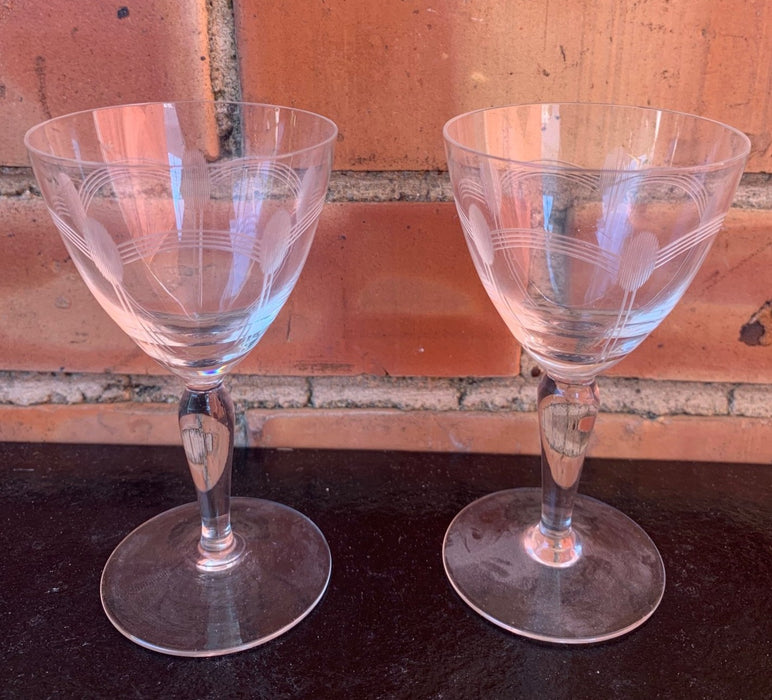 PAIR OF SMALL ETCHED CRYSTAL SHERRY GLASSES