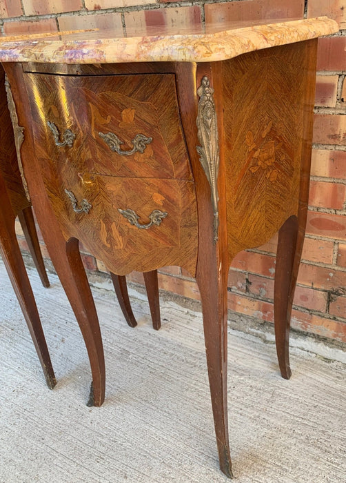 PAIR OF MARBLE TOP INLAID FRENCH LAMP TABLES - AS IS