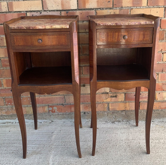 PAIR OF SMALL FRENCH NIGHT STANDS WITH CABRIOLE LEGS AND PINK MARBLE TOPS