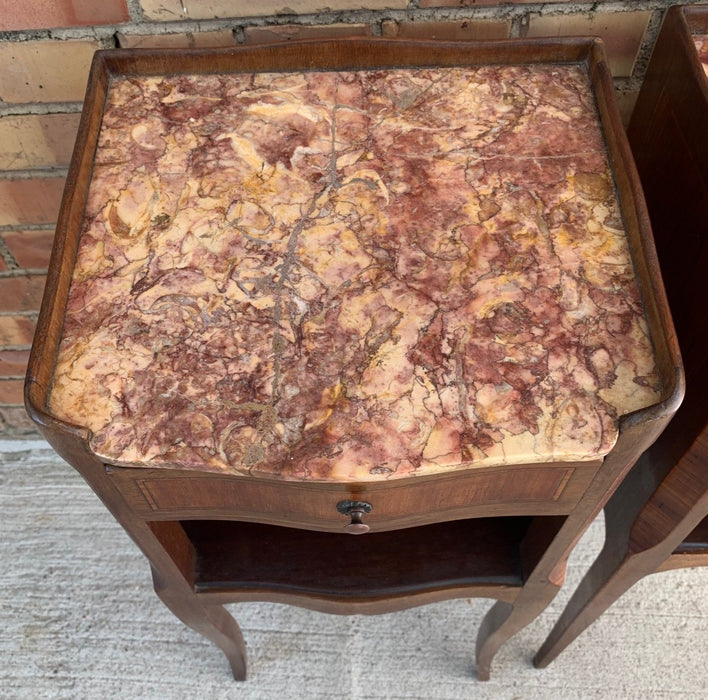 PAIR OF SMALL FRENCH NIGHT STANDS WITH CABRIOLE LEGS AND PINK MARBLE TOPS