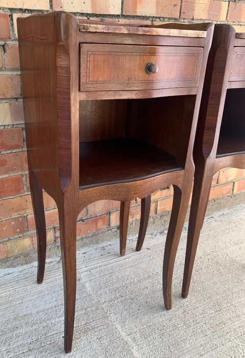 PAIR OF SMALL FRENCH NIGHT STANDS WITH CABRIOLE LEGS AND PINK MARBLE TOPS