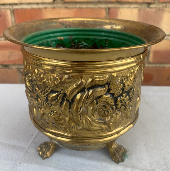 LITTLE ROSES BRASS TRI FOOTED JARDINIERE