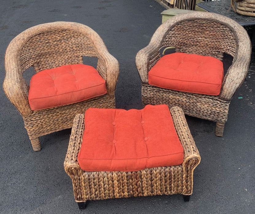 SET OF 2 LARGE WICKER CHAIRS AND MATCHING OTTOMAN WITH CUSHIONS