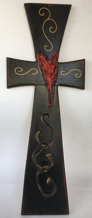 LARGE BLACK CROSS WITH STYLIZED RED HEART RELIEF