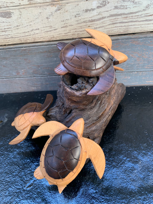 SCULPTURE OF TURTLES ON DRIFTWOOD - AS FOUND