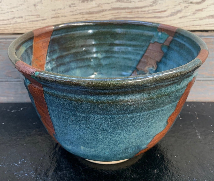 HAND THROWN GLAZED BLUE AND BROWN POTTERY BOWL