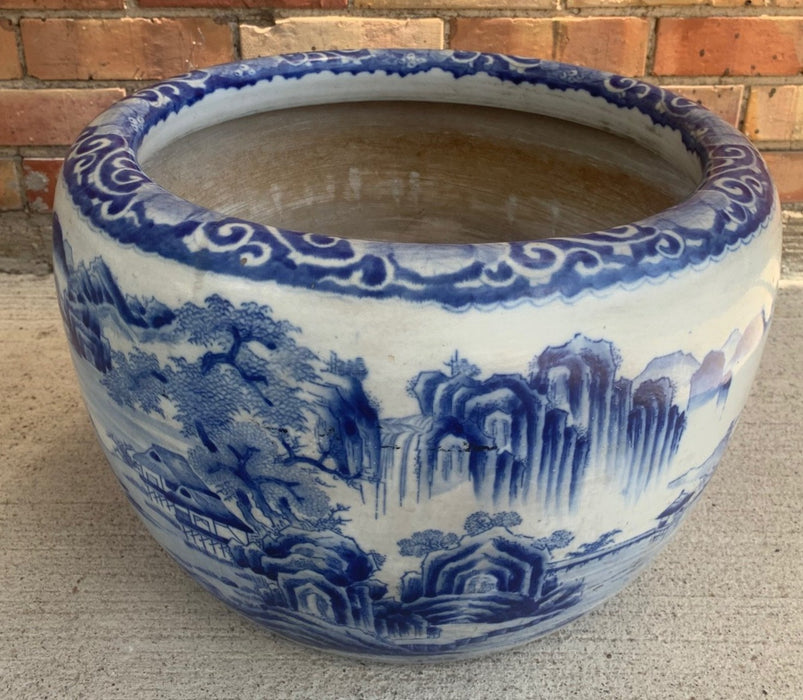 LARGE BLUE AND WHITE ASIAN JARDINIERE - AS FOUND (CRACKED)