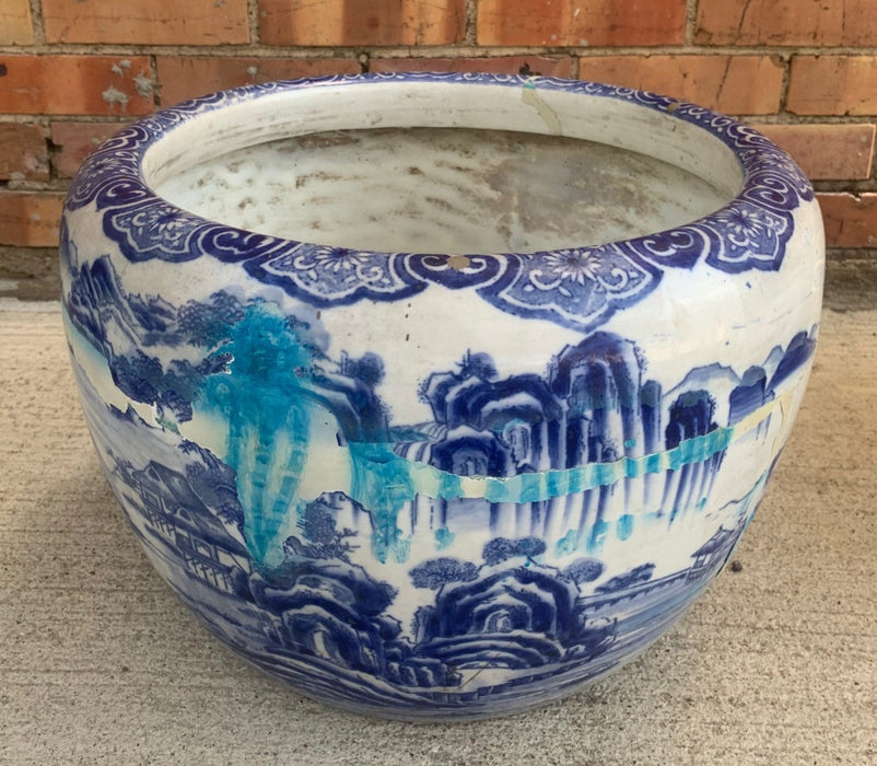 LARGE BLUE AND WHITE ASIAN JARDINIERE - AS FOUND (CRACKED)