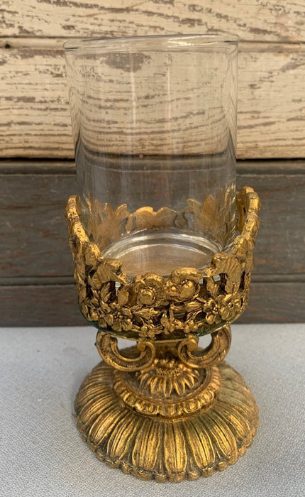 GLASS CANDLE HOLDER WITH ORNATE BRASS STAND
