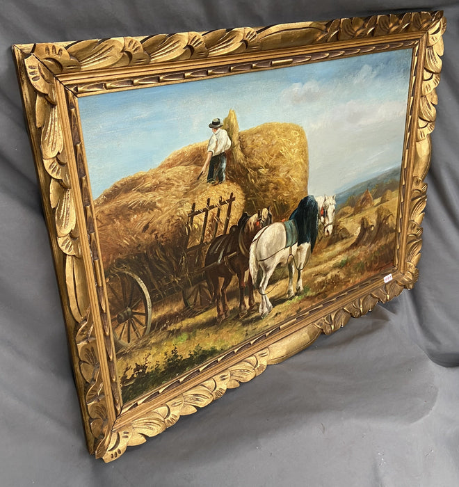 FRAMED LANDSCAPE OIL PAINTING OF HORSE AND HAY BALES BY SCHOTEN