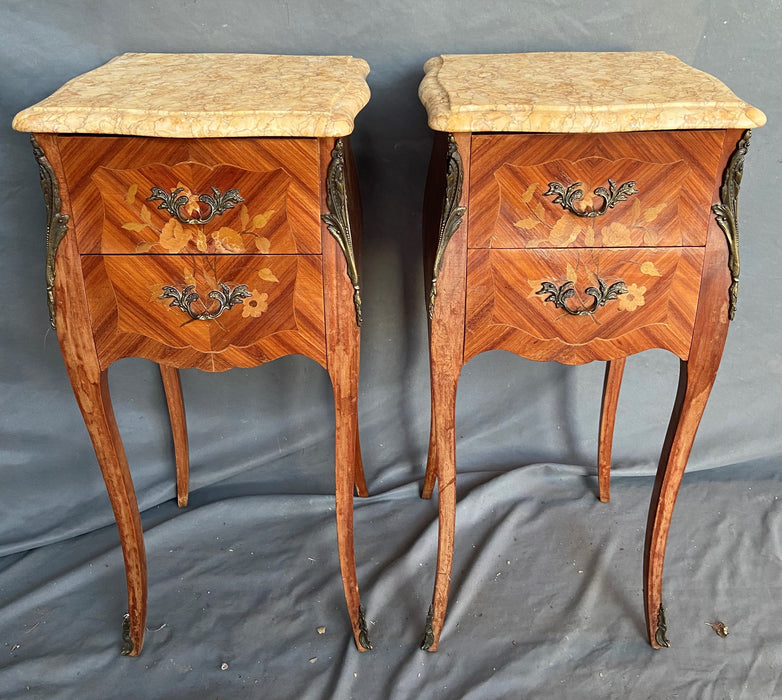 LOUIS XV MARQUETRY INLAID MARBLE TOP SIDE CABINETS WITH ORMULU TRIM