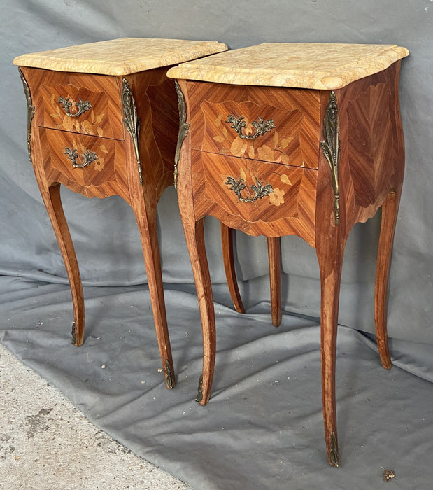 LOUIS XV MARQUETRY INLAID MARBLE TOP SIDE CABINETS WITH ORMULU TRIM