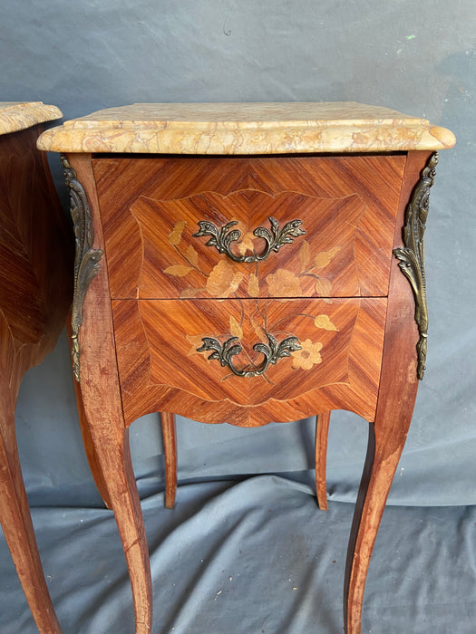 LOUIS XV MARQUETRY INLAID MARBLE TOP SIDE CABINETS WITH ORMULU TRIM