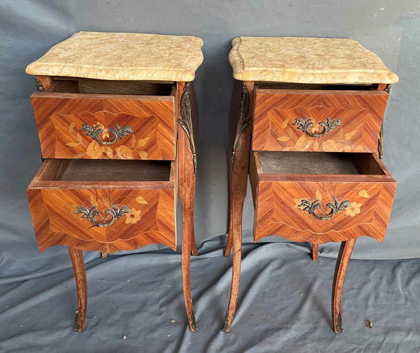 LOUIS XV MARQUETRY INLAID MARBLE TOP SIDE CABINETS WITH ORMULU TRIM