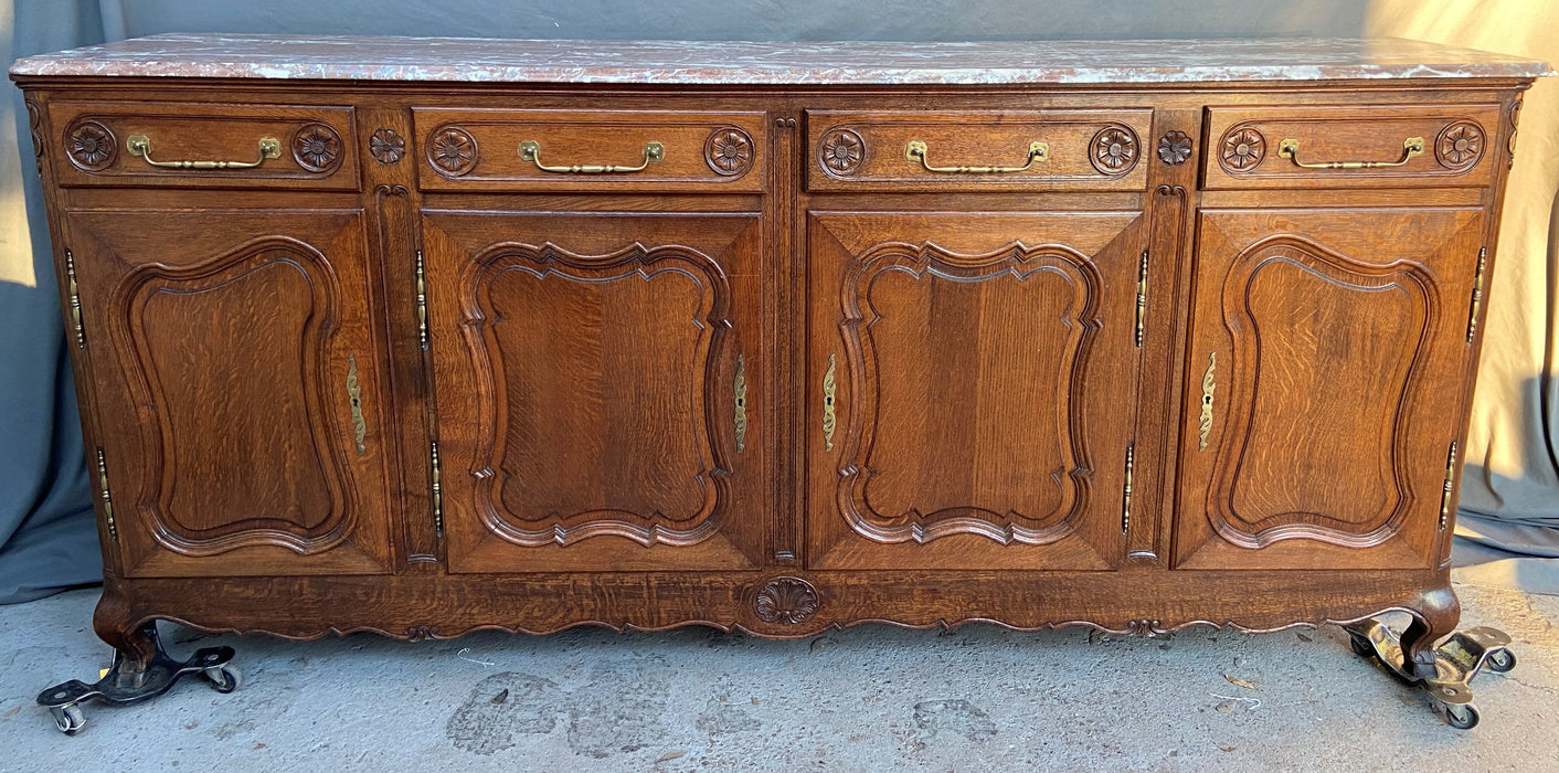 LOUIS XV MARBLE TOP OAK SIDEBOARD - AS FOUND, REPAIRED MARBLE