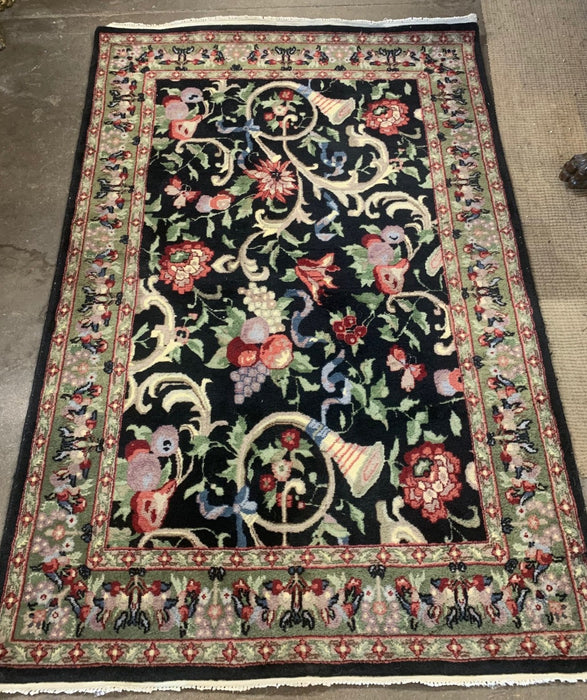 BLACK HAND KNOTTED FLORAL PERSIAN RUG