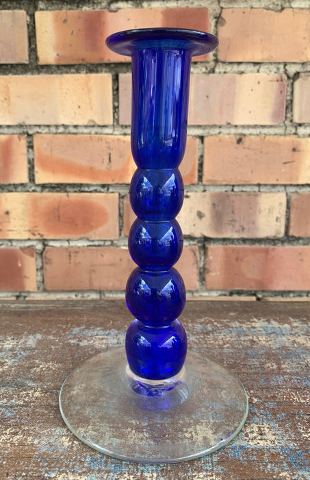 HAND BLOWN CLEAR AND COBALT CANDLESTICK