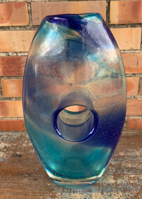 HAND BLOWN BLUE ART GLASS VASE WITH HOLE AT CENTER