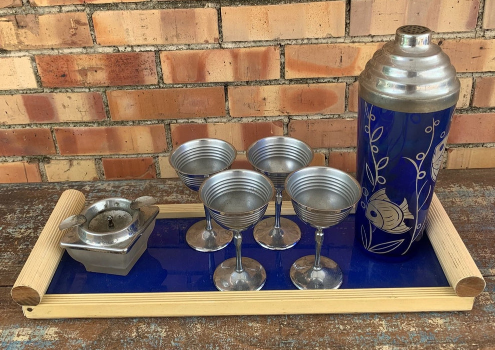 COBALT AND SILVER PLATE BAR SET OF SHAKER, 4 STEMS, TRAY, AND ASHTRAY