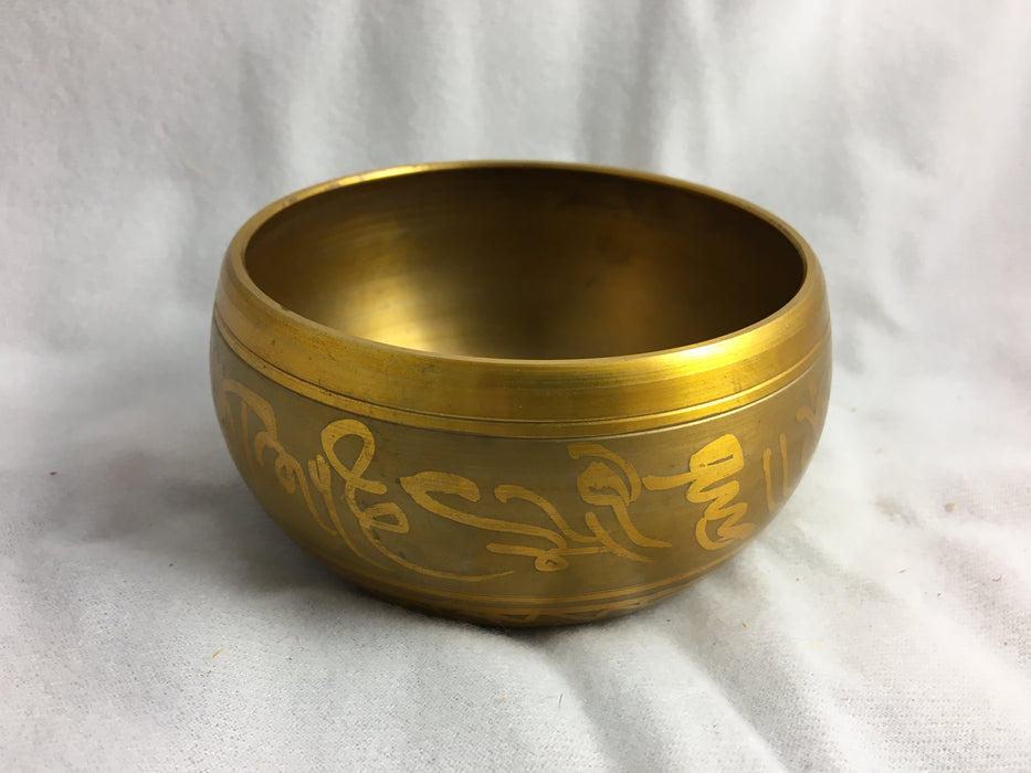 TIBETAN BRASS BELL BOWL WITH BUDDHA RELIEF AND CALIGRAPHY