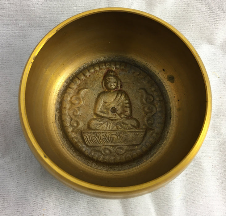 TIBETAN BRASS BELL BOWL WITH BUDDHA RELIEF AND CALIGRAPHY