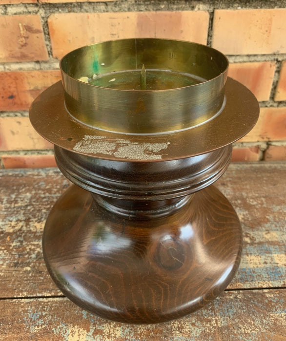 LARGE WOODEN CANDLE PRICKET WITH BRASS HOLDER