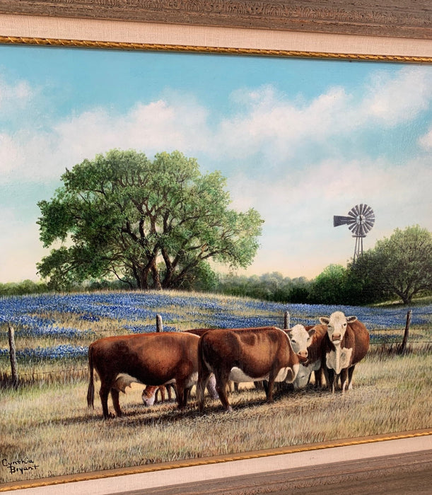 WHITE FACED HEREFORD COWS IN FIELD OF BLUEBONNETS PAINTING SIGNED BY CYNTHIA BRYANT