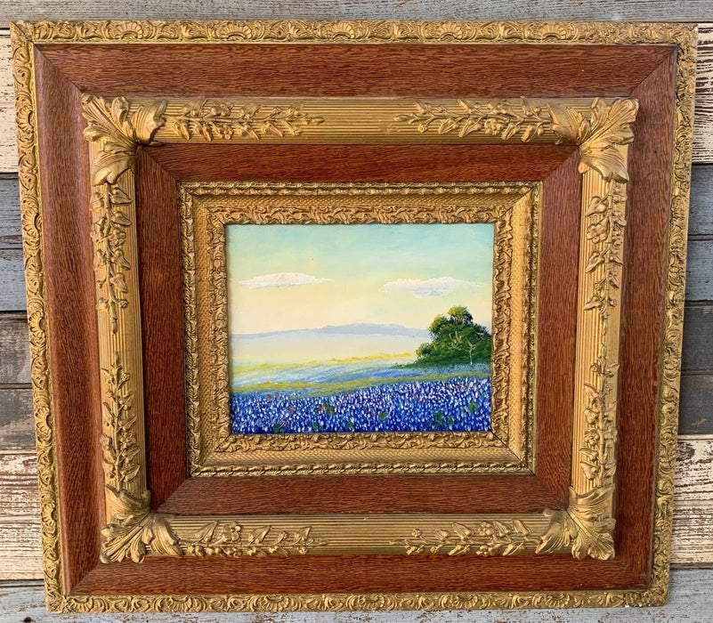 SIGNED WILLIAM LEWIS BLUEBONNET BONNET OIL PAINTING ON BOARD